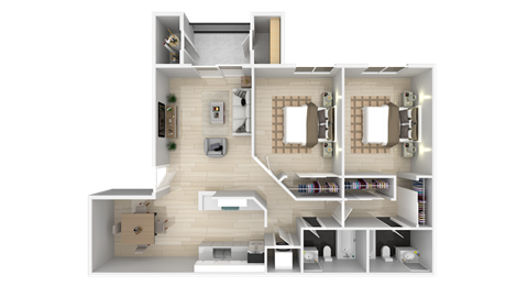 Floor plan for 2 beds, 2 baths, 981 sqft